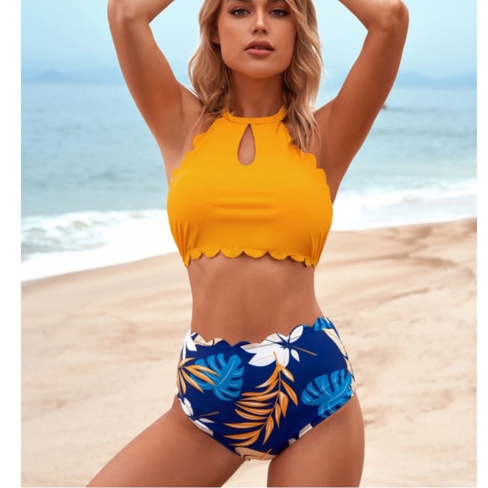Beachsissi Halter Floral High Neck Scalloped Trim High Waist 2-piece Bikini Set